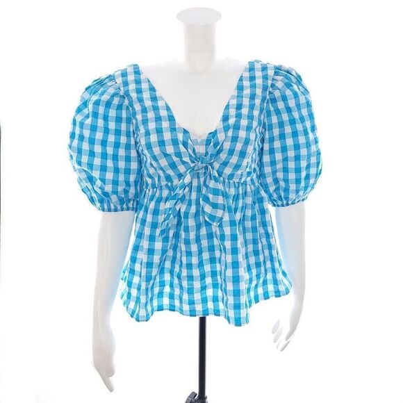 Lilly Pulitzer Sarafina Turquoise Oasis Crinkle Gingham Blouse Size 0 - Picture 1 of 11